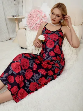 Plus Size Allover Rose Print Nightdress for Women, with Round Neck and Cami Style for Seductive Sleepwear