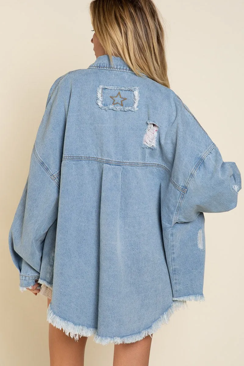 POL Twill Distressed Shacket in Denim