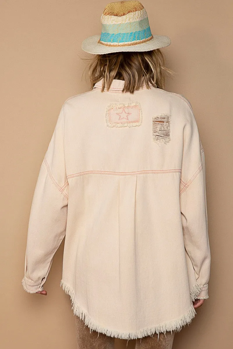 POL Twill Distressed Shacket in Pink Beige