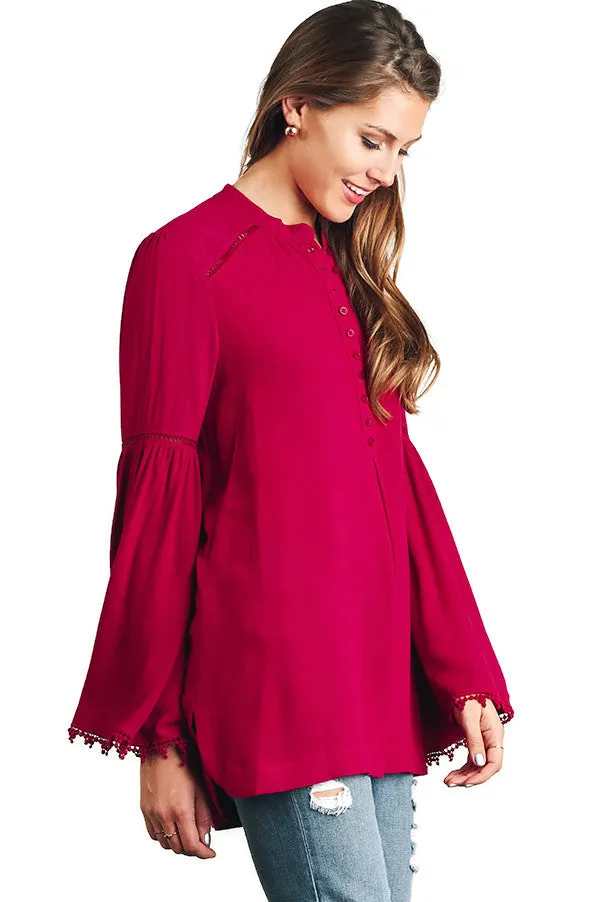 Popover Trumpet Sleeve Blouse, Raspberry