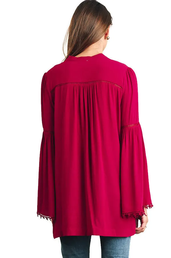 Popover Trumpet Sleeve Blouse, Raspberry