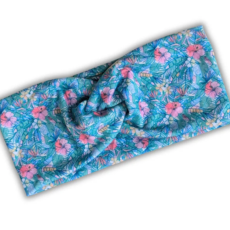 Premium, wide turban style comfy wide jersey knit headband, blue and pink pastel floral