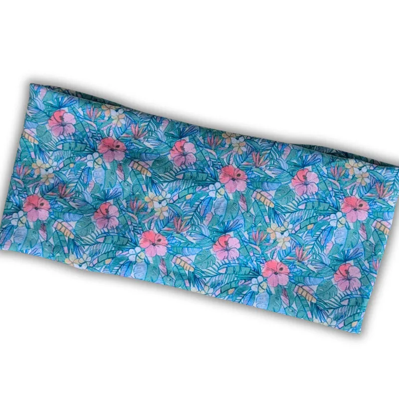 Premium, wide turban style comfy wide jersey knit headband, blue and pink pastel floral