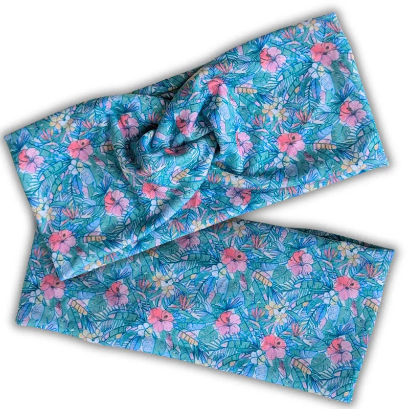 Premium, wide turban style comfy wide jersey knit headband, blue and pink pastel floral