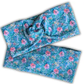 Premium, wide turban style comfy wide jersey knit headband, blue and pink pastel floral