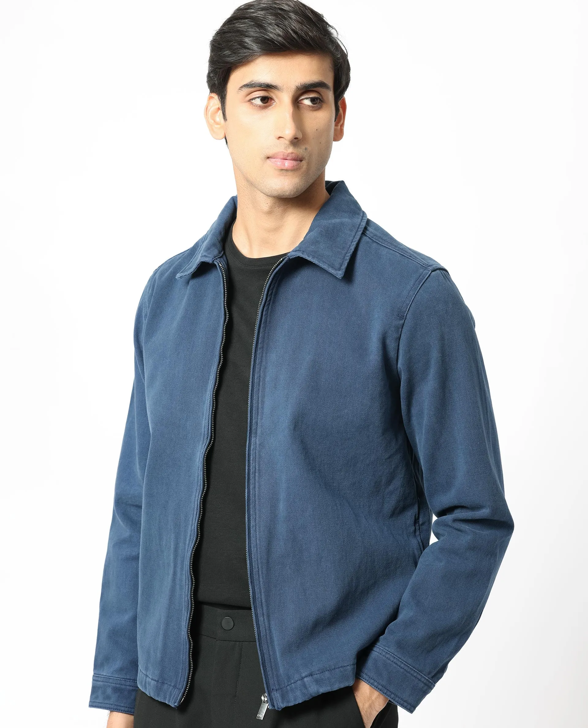 Rare Rabbit Men's Zale Navy Cotton Fabric Full Sleeves Zip Closure Solid Twill Shacket