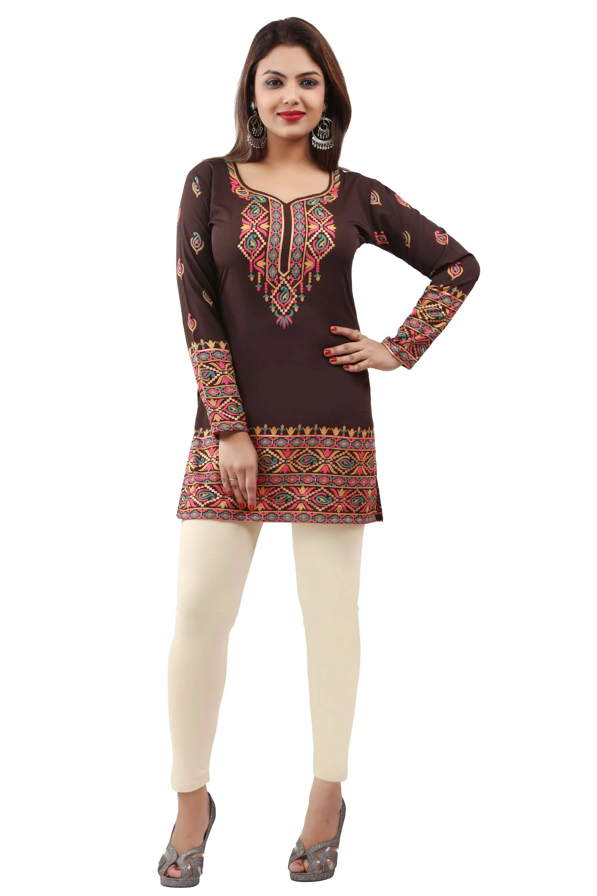 Readymade Brown Printed Crepe Tunic Kurta