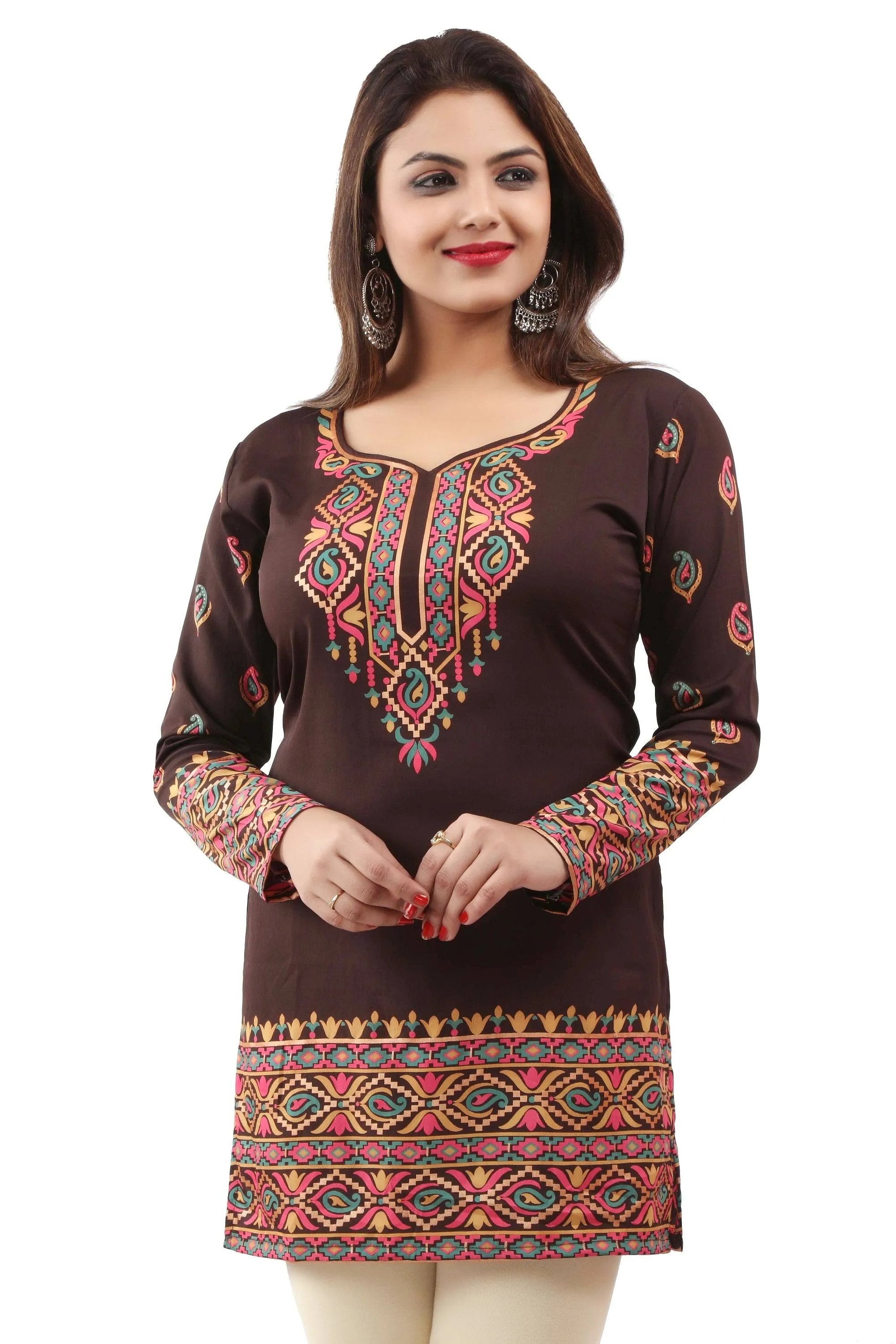 Readymade Brown Printed Crepe Tunic Kurta