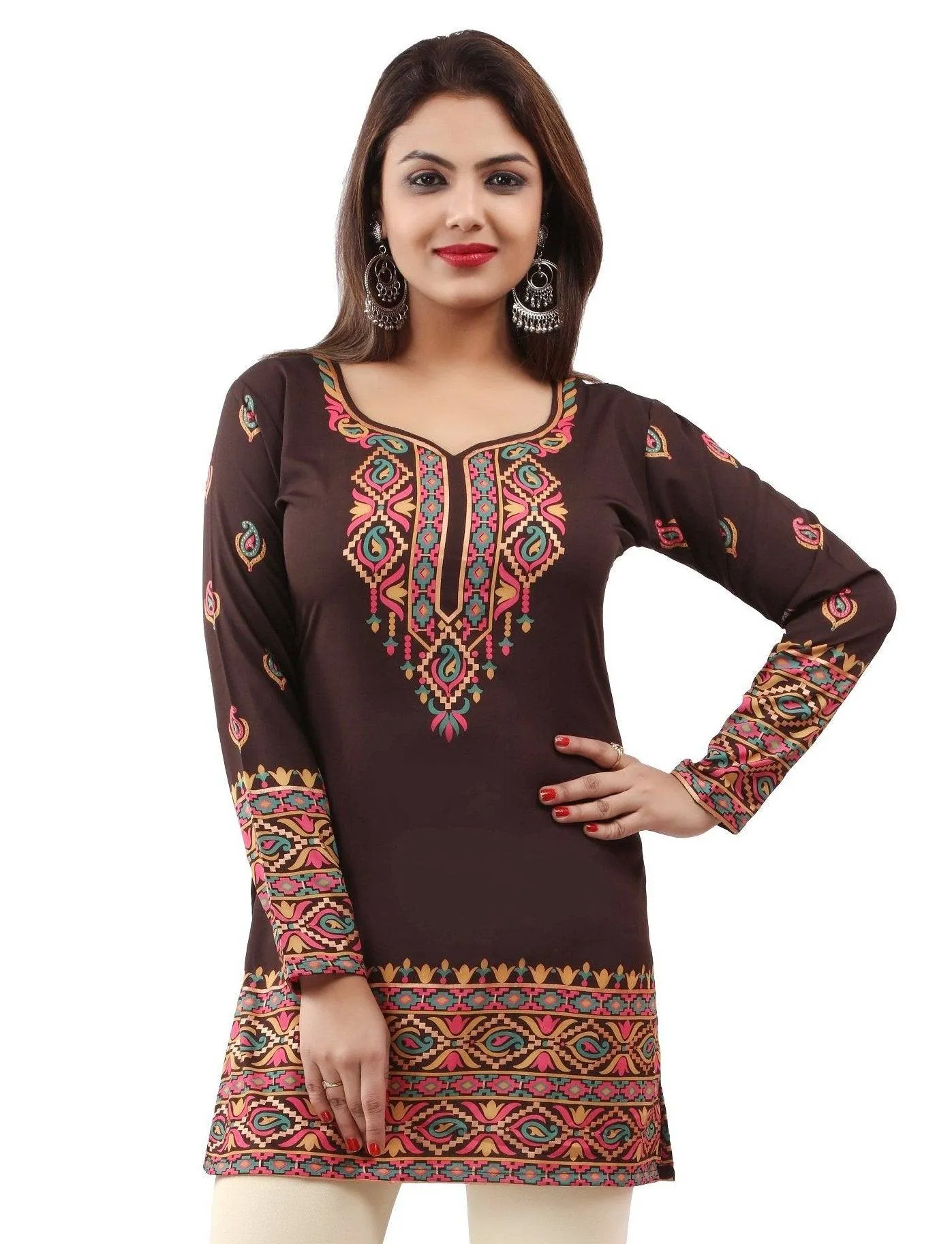 Readymade Brown Printed Crepe Tunic Kurta