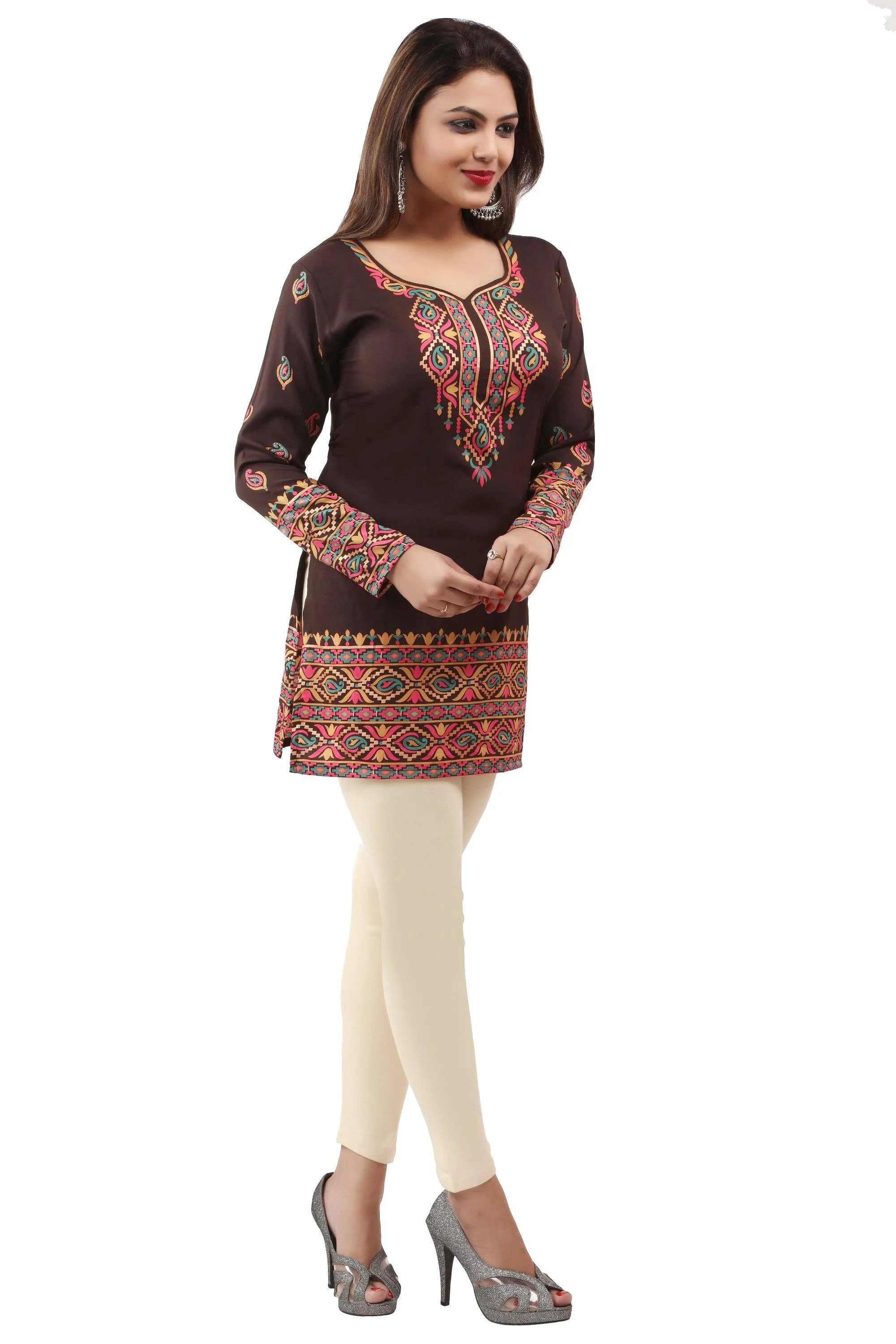 Readymade Brown Printed Crepe Tunic Kurta