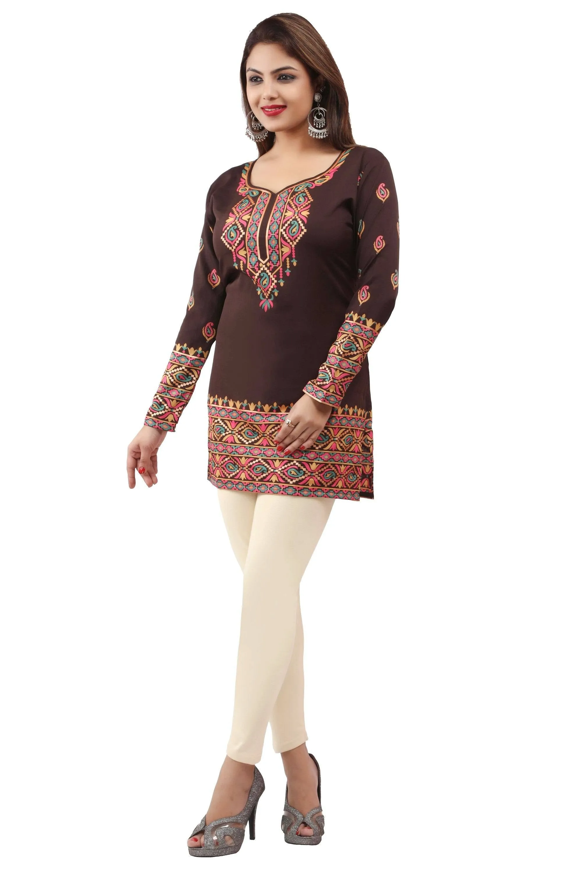 Readymade Brown Printed Crepe Tunic Kurta