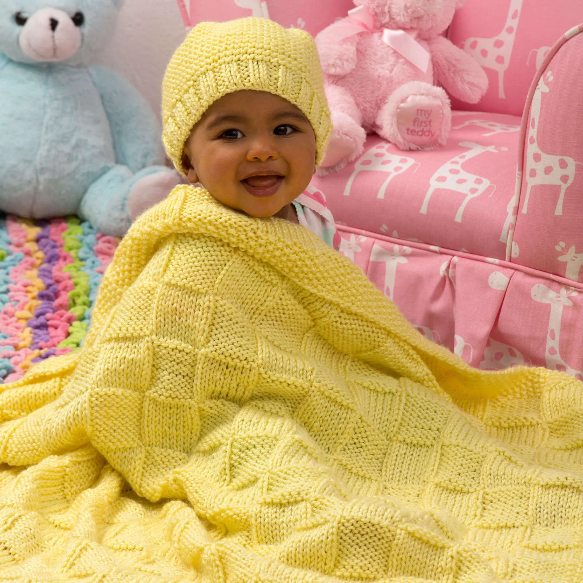 Red Heart Knit Baby Blocks Blanket And Hat Set