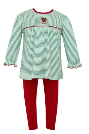 Reindeer Face Knit Tunic Set- Green Stripe