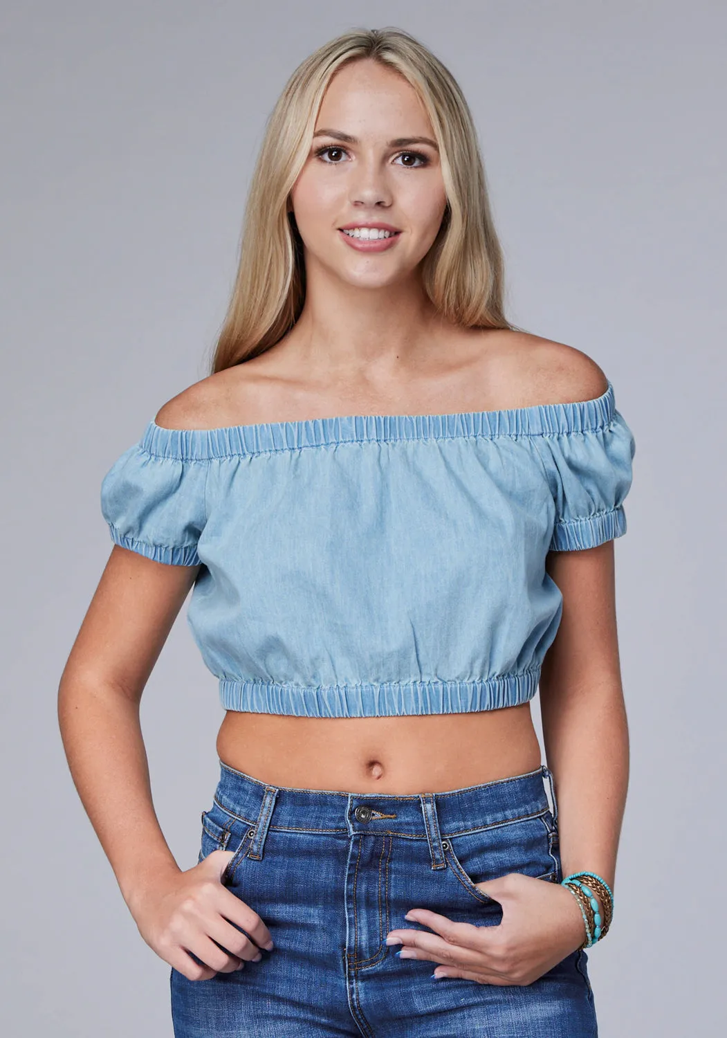 Roper Womens Off Shoulder Crop Top Light Blue 100% Cotton S/S Tunic