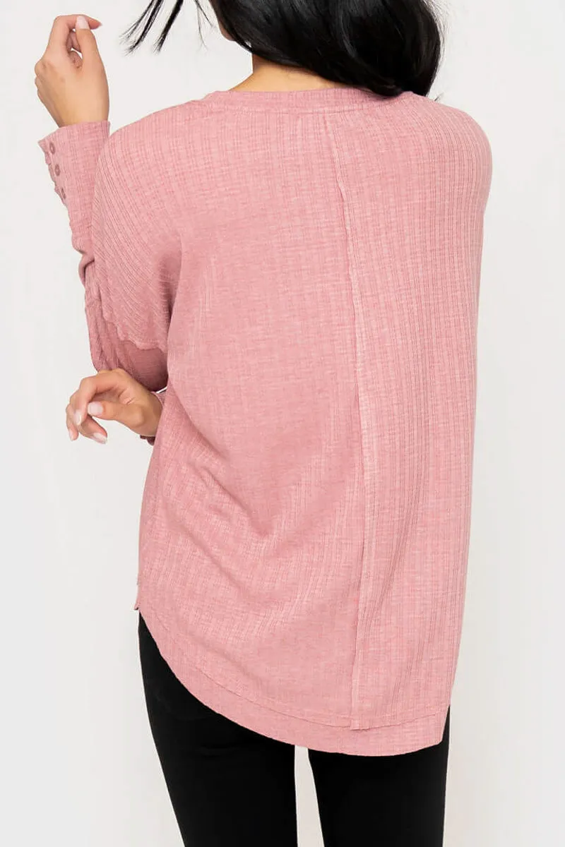 Ruffle Trim Pointelle Knit Henley Top