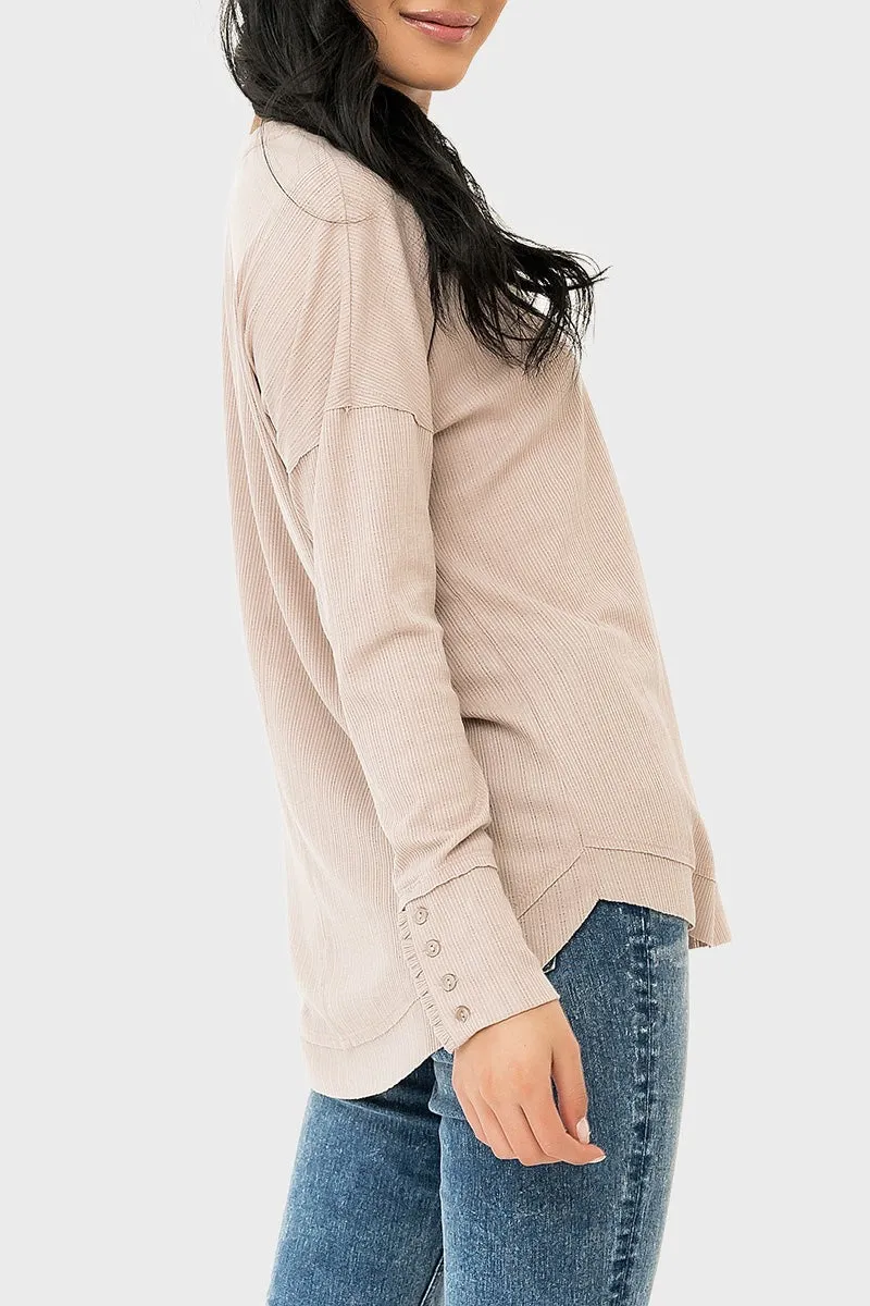 Ruffle Trim Pointelle Knit Henley Top