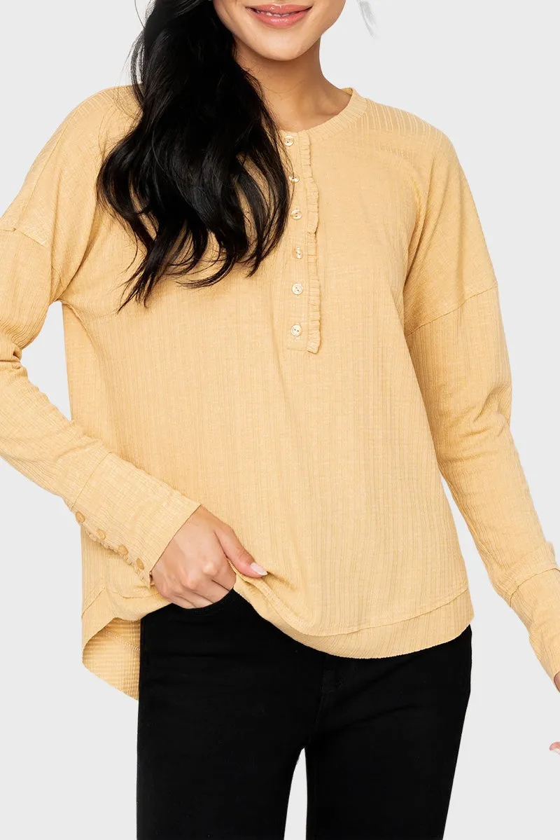 Ruffle Trim Pointelle Knit Henley Top