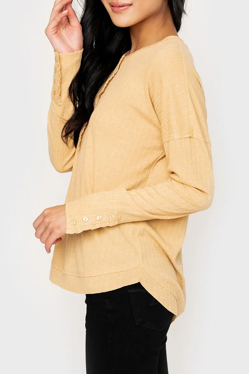 Ruffle Trim Pointelle Knit Henley Top