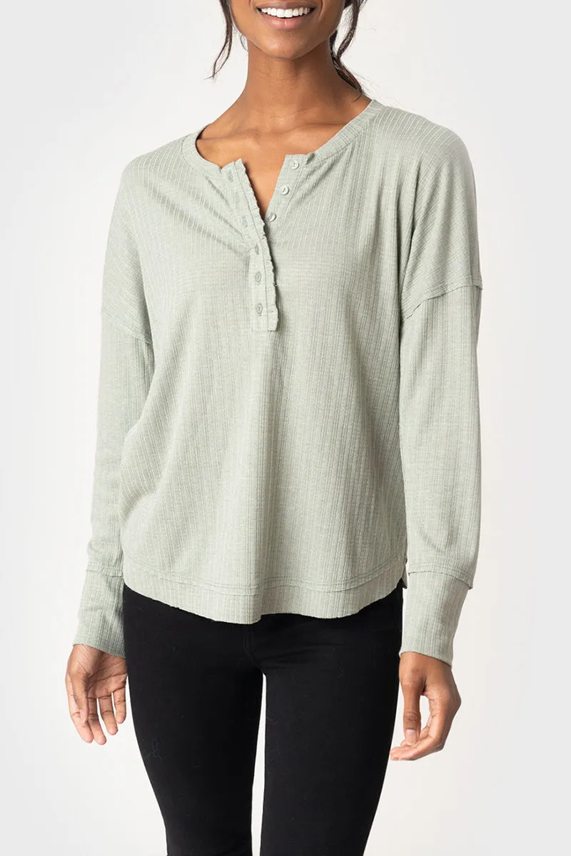 Ruffle Trim Pointelle Knit Henley Top