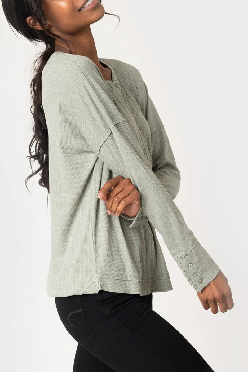 Ruffle Trim Pointelle Knit Henley Top