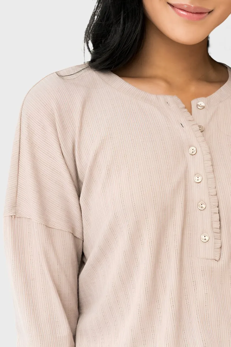 Ruffle Trim Pointelle Knit Henley Top