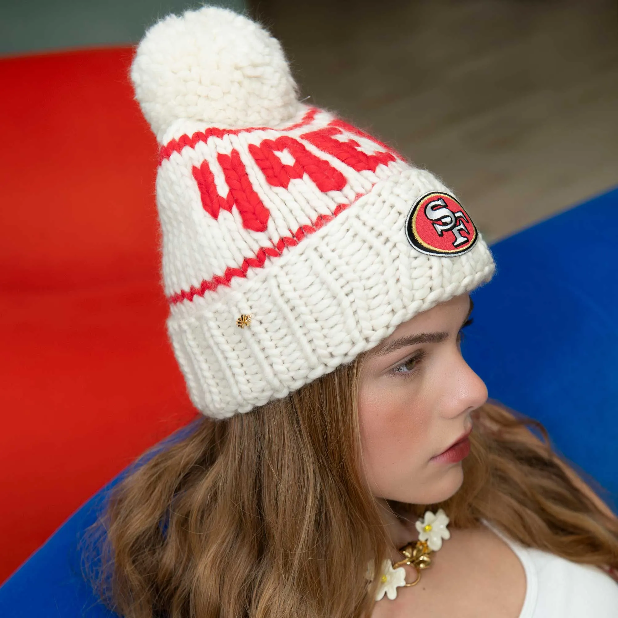 SF 49ERS LELE SADOUGHI X NFL WHITE BEANIE YARN POM