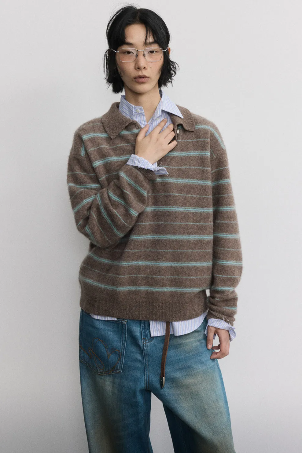 Sheep wool blend yak down striped pattern polo sweater | 2 color