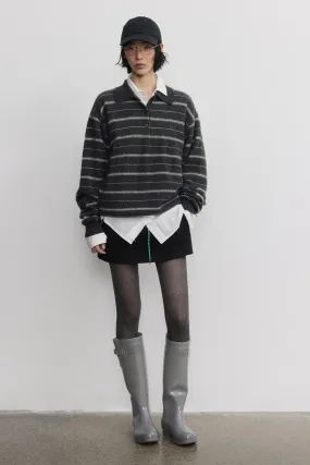 Sheep wool blend yak down striped pattern polo sweater | 2 color