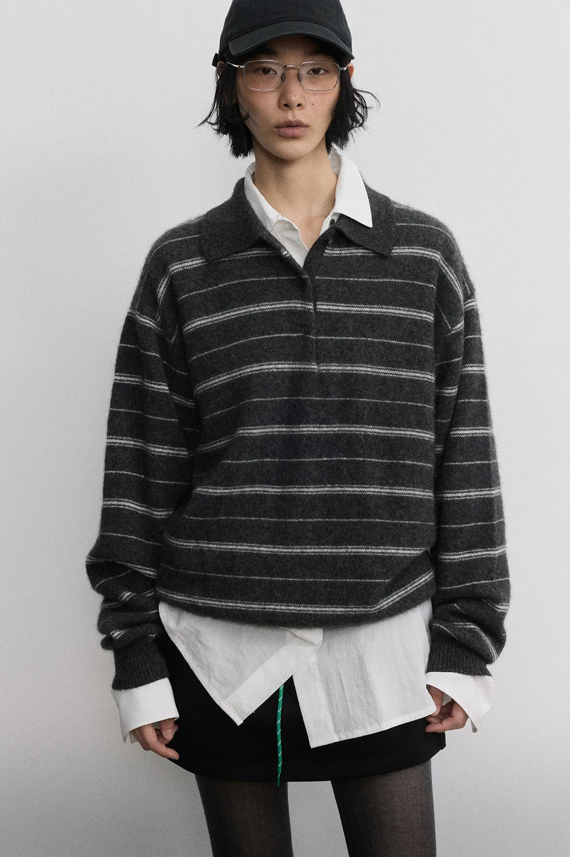 Sheep wool blend yak down striped pattern polo sweater | 2 color