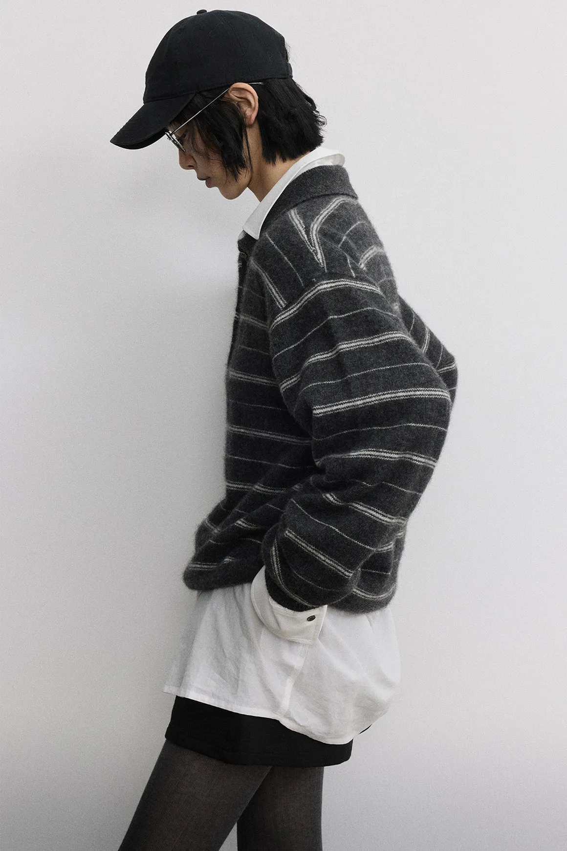 Sheep wool blend yak down striped pattern polo sweater | 2 color