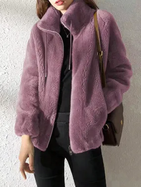 SHEIN Casual Solid Color Double Fleece Stand Collar Jacket For Autumn/Winter