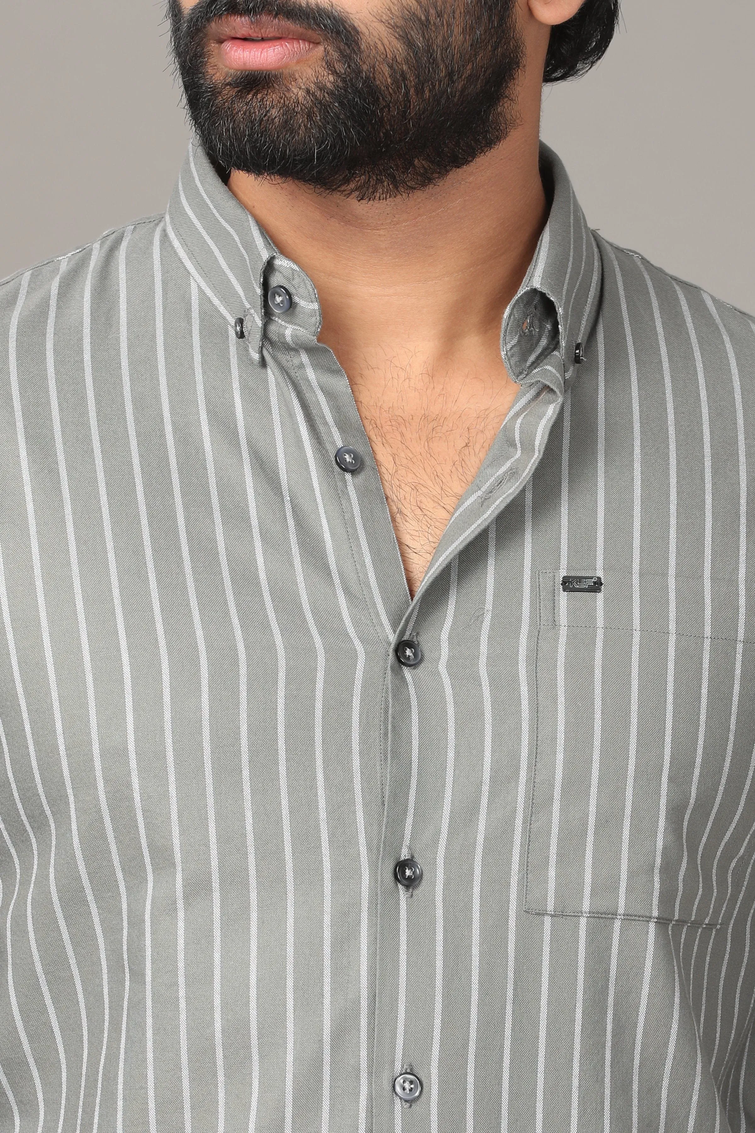 Silvery Grey Metallic Striped Full Sleeve Shirt