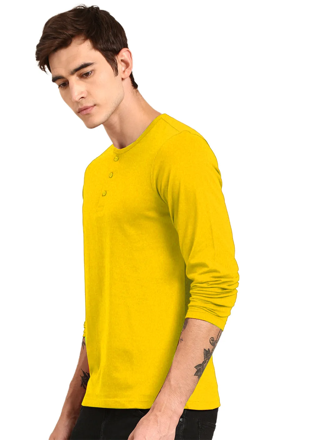 Solid Yellow Henley Neck Full Sleeve Cotton Tshirt for Men By LazyChunks