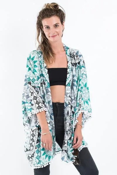 Star Mandalas Kimono Cardigan in Green