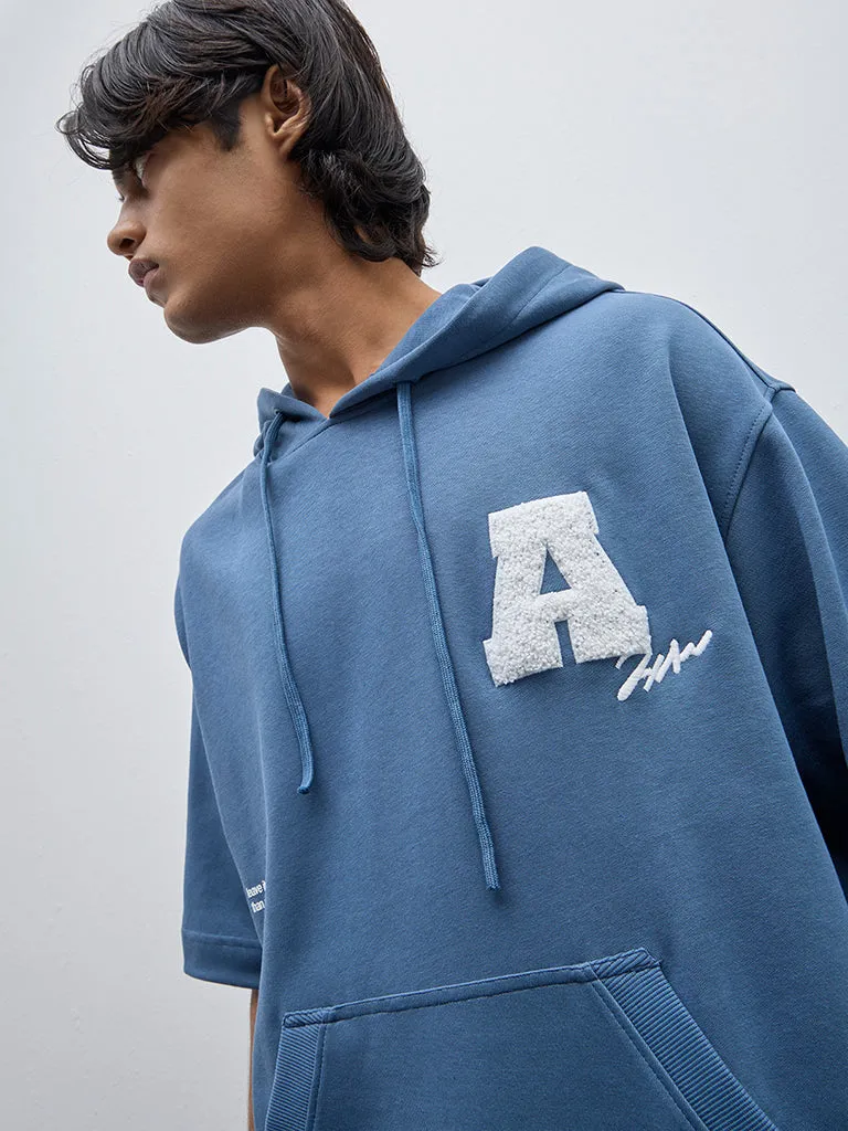 Studiofit Blue Text Printed Relaxed-Fit Hoodie