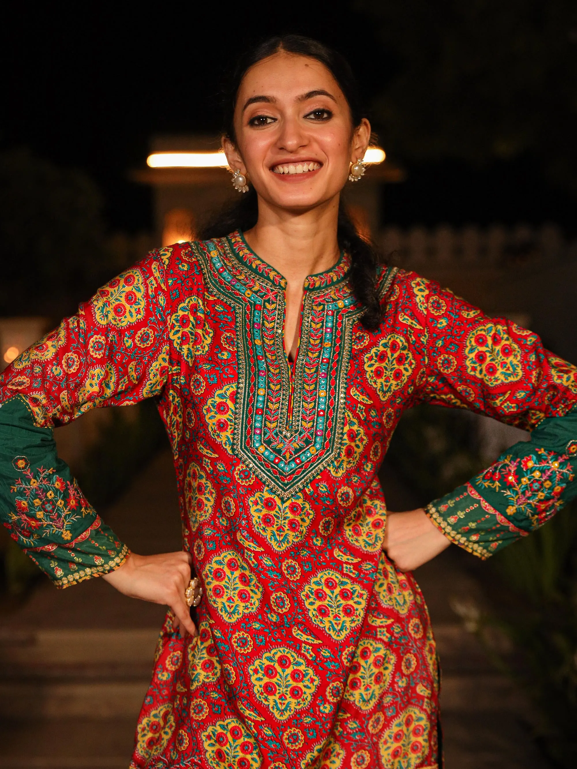 The Mastani Multi Color Ethnic Motif Printed Viscose Lacy Tunic & Pant Set With Sequins & Mirror Work