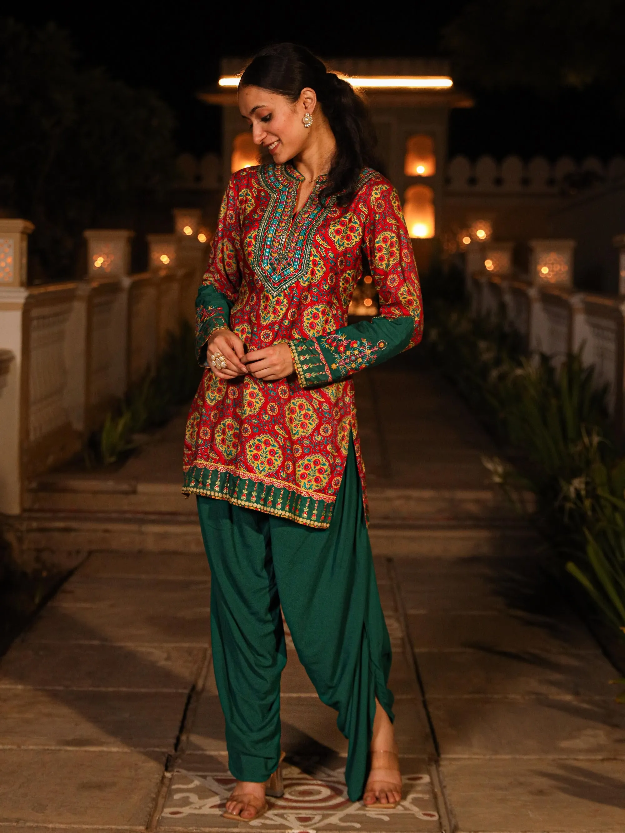 The Mastani Multi Color Ethnic Motif Printed Viscose Lacy Tunic & Pant Set With Sequins & Mirror Work