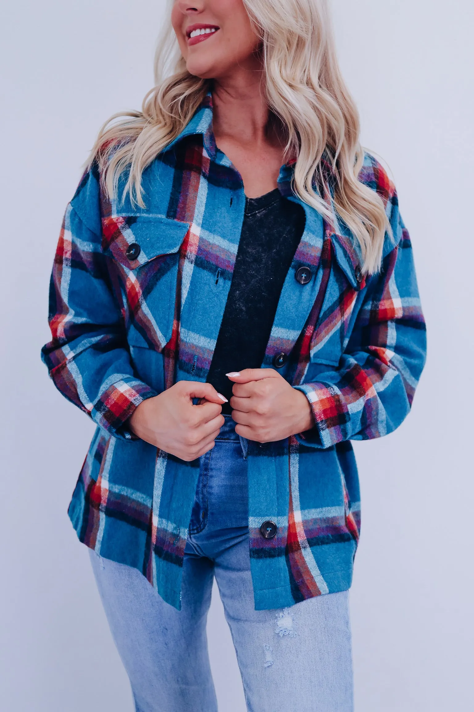 The Perfect Plaid Shacket - Blue Teal