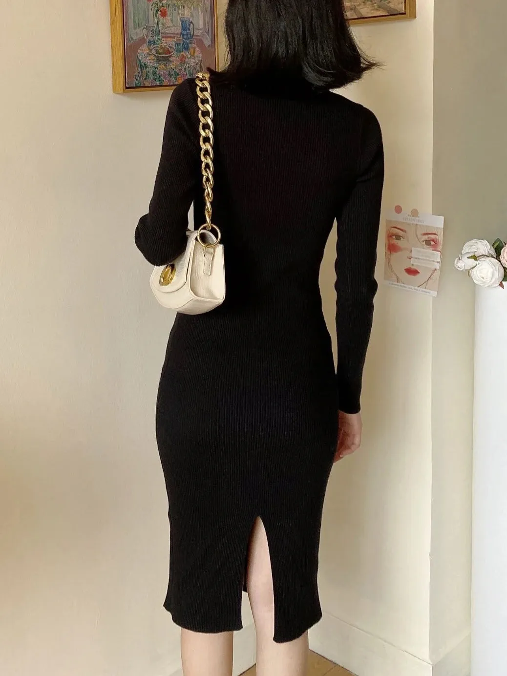 Thicken Chic Knitted Dress Women Raglan Sleeve Elegant Party Wool Vestido Korean Business Sheath Slim Knitwear Winter C-189