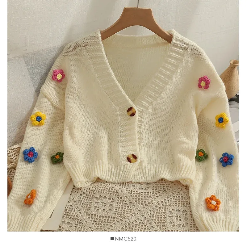 Toleet-Colourful Applique Flower Cardigan for Women Cute Long Sleeve V-neck Knit Crop Sweater Soft Girl Soft Knitwear Fairycore