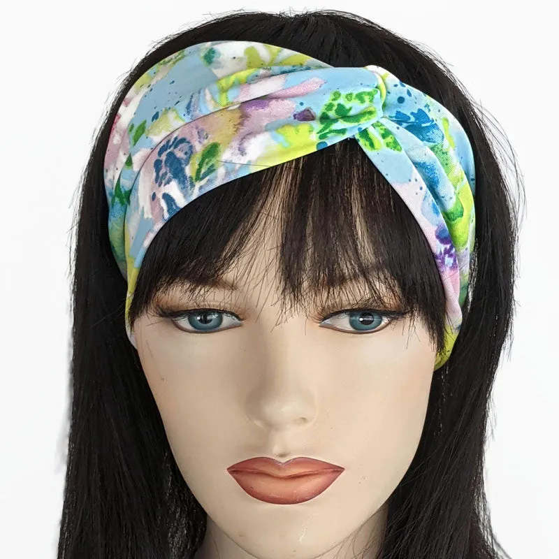 Turban style comfy wide poly knit fashion headband, blue splatter