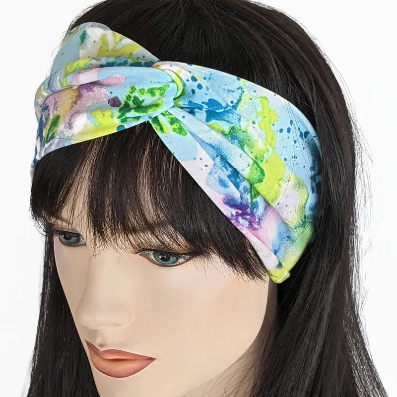 Turban style comfy wide poly knit fashion headband, blue splatter