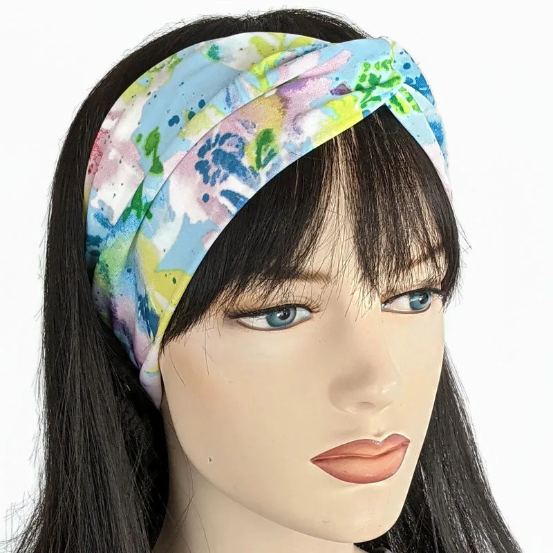 Turban style comfy wide poly knit fashion headband, blue splatter