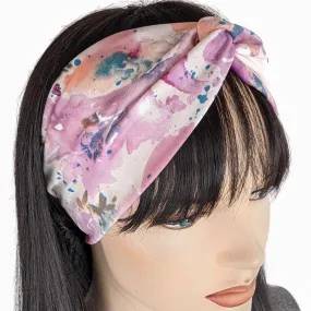 Turban style comfy wide poly knit fashion headband, pink splatter