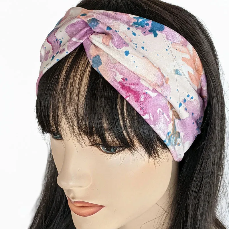 Turban style comfy wide poly knit fashion headband, pink splatter