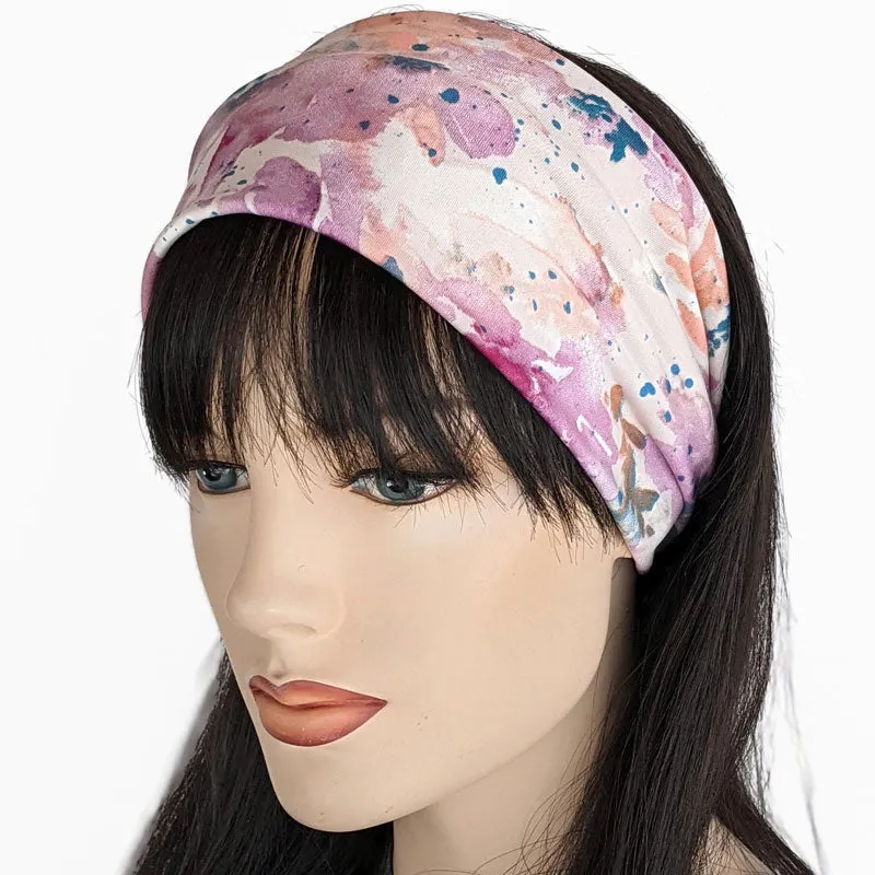 Turban style comfy wide poly knit fashion headband, pink splatter