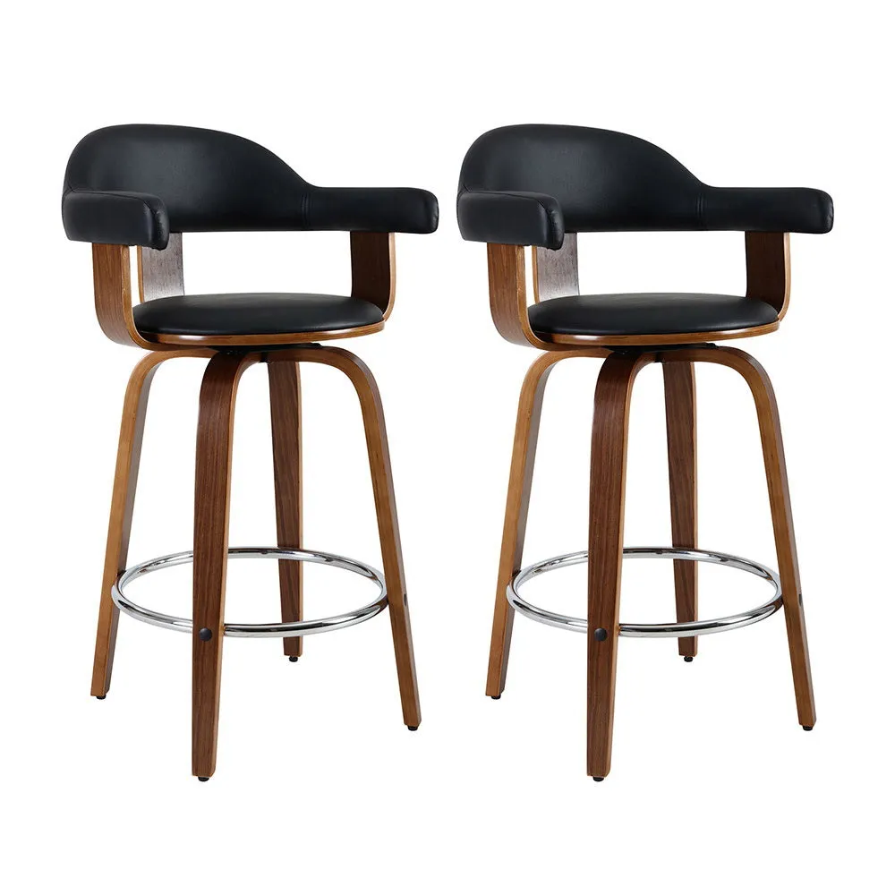 Two Bar Stools Leather Seat Wooden Legs