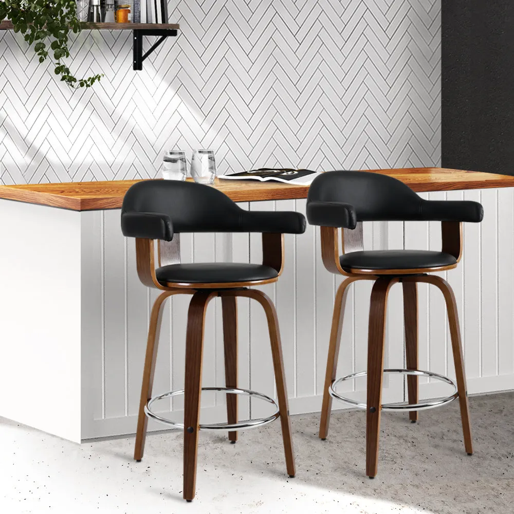 Two Bar Stools Leather Seat Wooden Legs