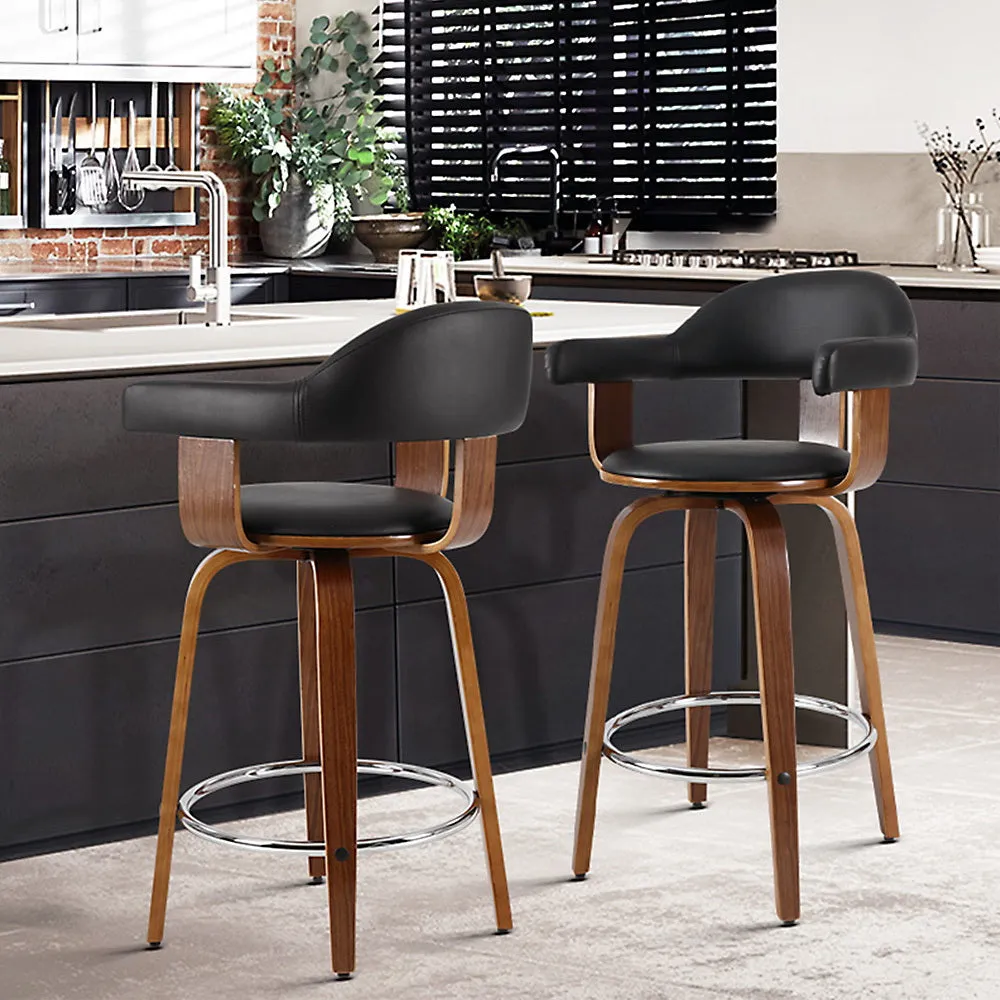 Two Bar Stools Leather Seat Wooden Legs