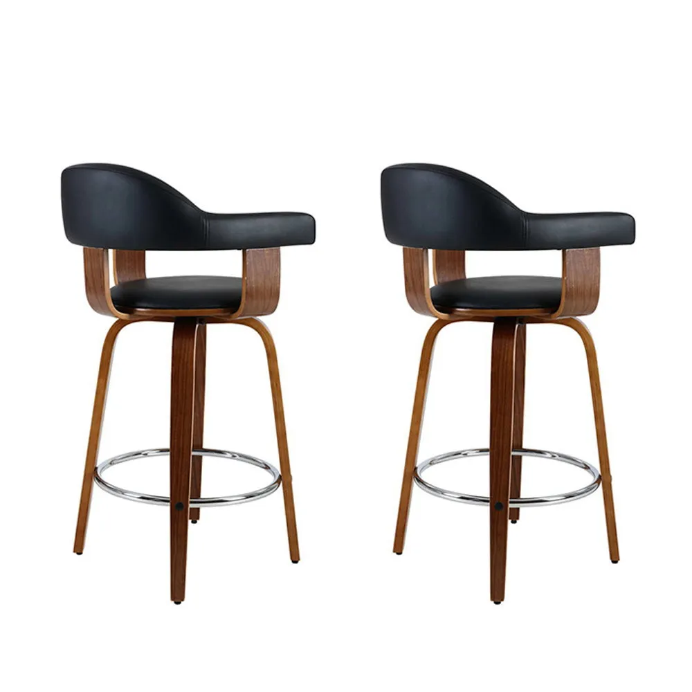 Two Bar Stools Leather Seat Wooden Legs